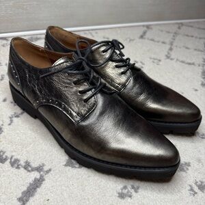 FRANCO SARTO Conroe Pewter Metallic Studded Lace Up Preppy Dark Academia Loafers